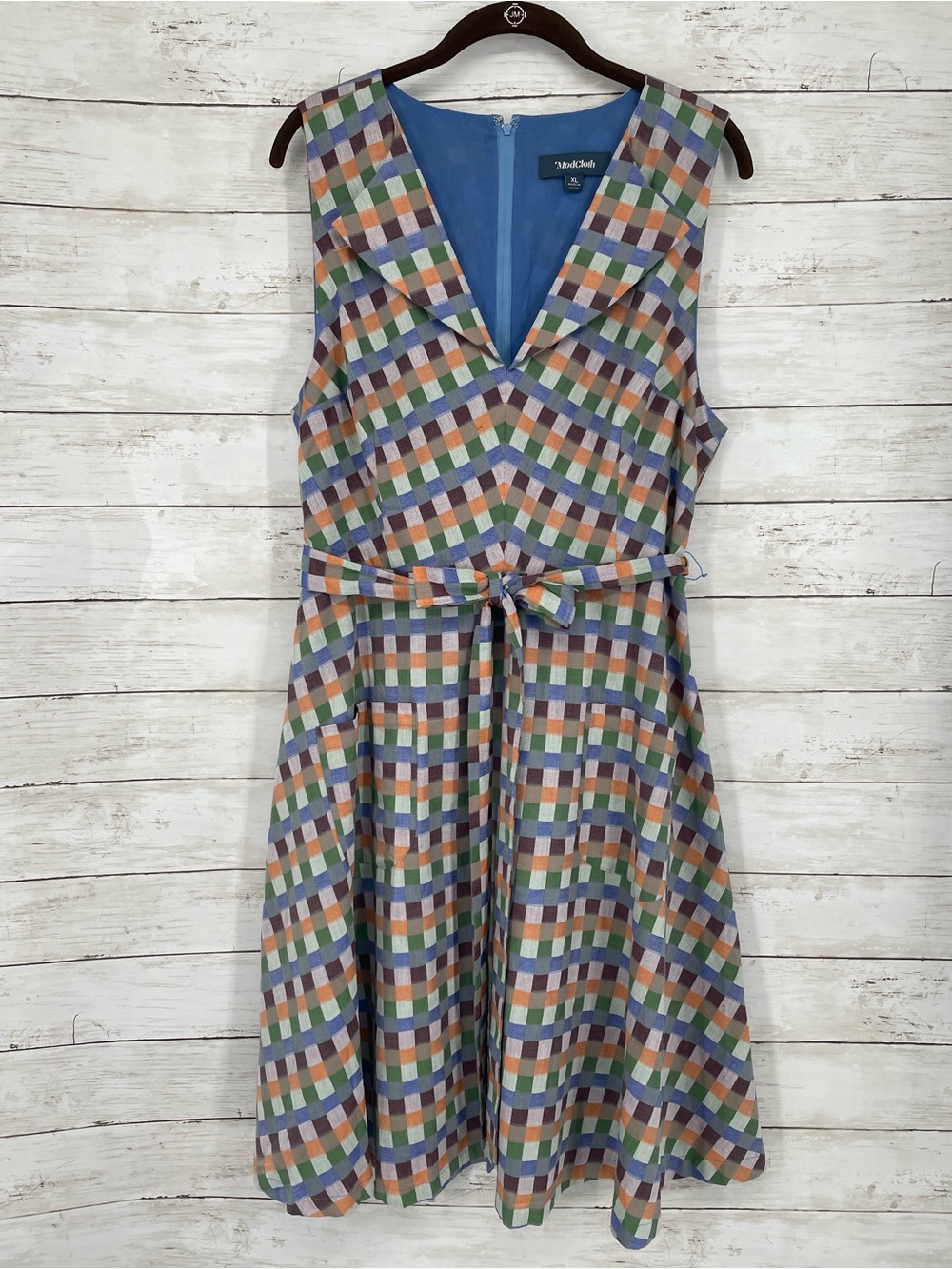 ModCloth Looking Back Multicolor Gingham Plaid Sleeveless Belted Dress XL Cotton